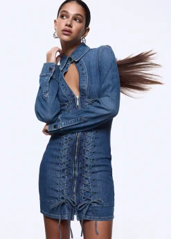 Abito corto in denim con stringhe