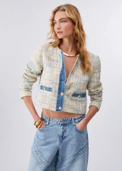 Giacca bouclé con dettagli in denim