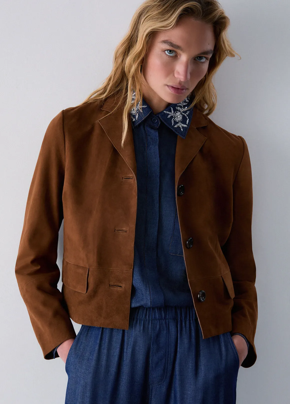 Giacca boxy in pelle scamosciata