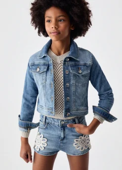 Giacca in denim con ricamo macramè