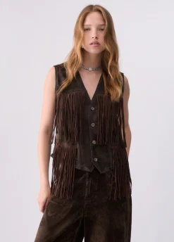 Gilet con frange in tessuto floccato