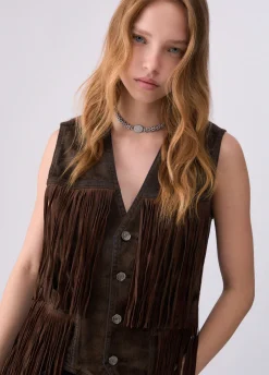 Gilet con frange in tessuto floccato