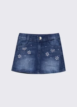 Gonna in denim con ricami gioiello