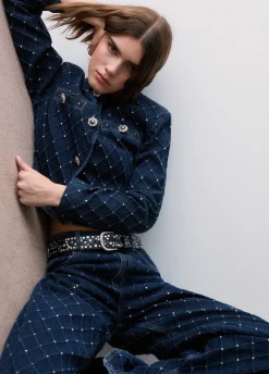 Jeans straight matelassé con strass