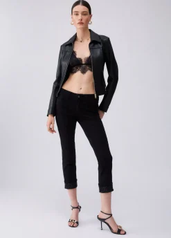 Pantaloni skinny con risvolto e strass