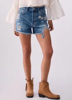 Short in denim con ricami gioiello