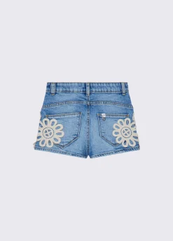 Short in denim con ricamo macramè
