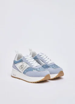 Sneakers platform in denim stampato