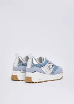 Sneakers platform in denim stampato
