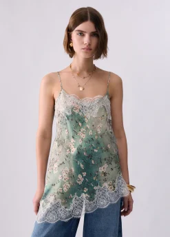 Top in raso stampato con pizzo