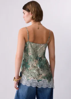 Top in raso stampato con pizzo