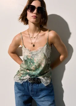 Top in raso stampato con pizzo