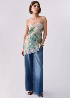 Top in raso stampato con pizzo