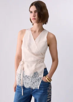 Top jacquard con dettagli in pizzo