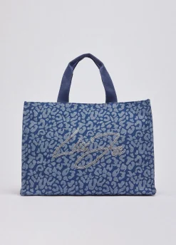Tote bag grande in denim animalier