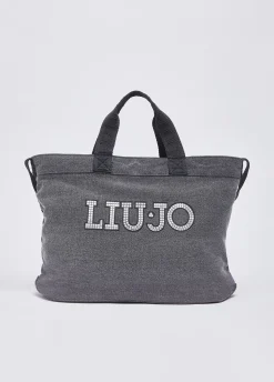 Tote bag grande in denim con logo