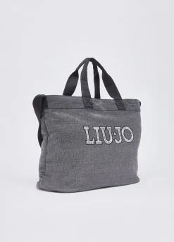 Tote bag grande in denim con logo