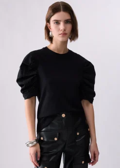 T-shirt bimateriale con maniche a sbuffo