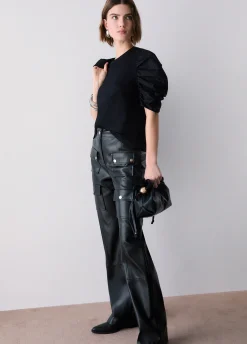 T-shirt bimateriale con maniche a sbuffo