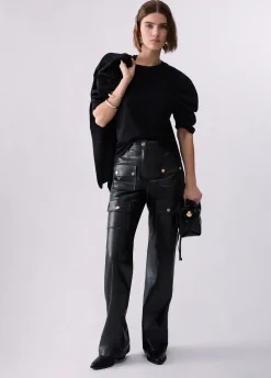 T-shirt bimateriale con maniche a sbuffo