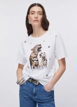 T-shirt con stampa e ricami gioiello