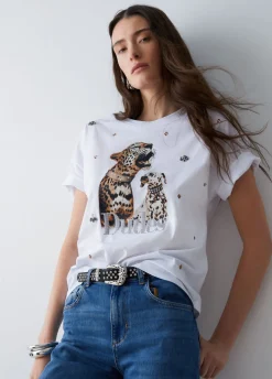 T-shirt con stampa e ricami gioiello