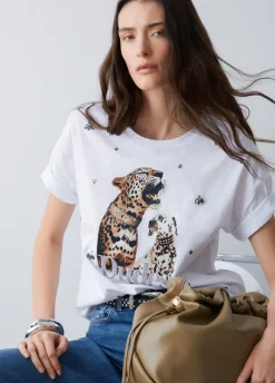T-shirt con stampa e ricami gioiello