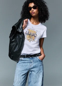 T-shirt con stampa e strass