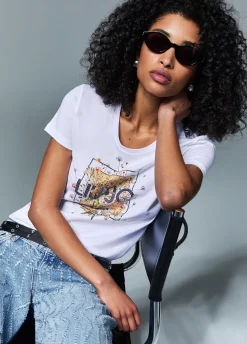 T-shirt con stampa e strass