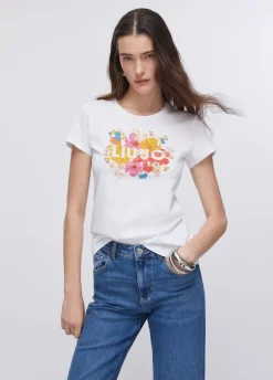 T-shirt con stampa e strass