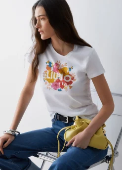 T-shirt con stampa e strass