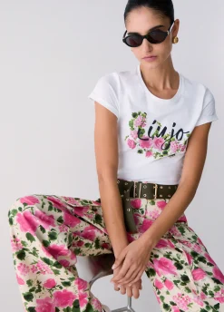 T-shirt con stampa e strass
