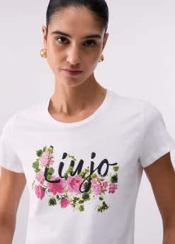 T-shirt con stampa e strass