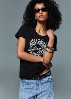 T-shirt con stampa e strass