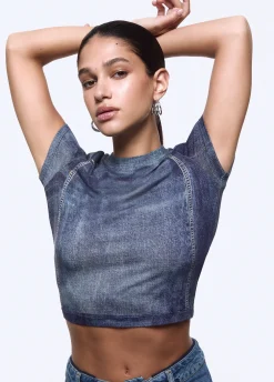 T-shirt cropped effetto denim