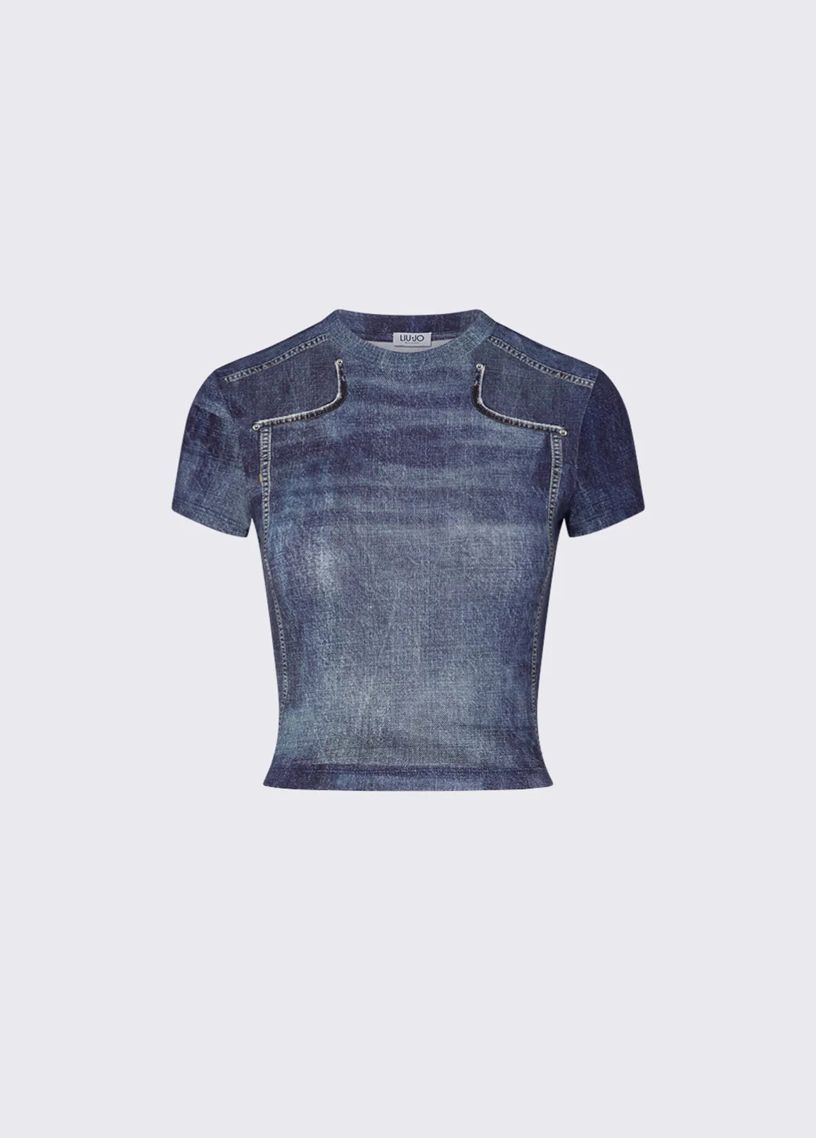 T-shirt cropped effetto denim