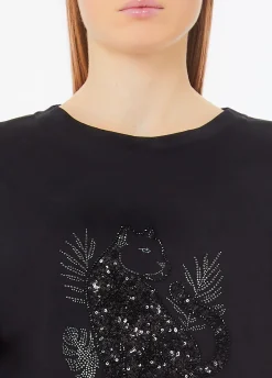 T-shirt in cotone con paillettes e strass